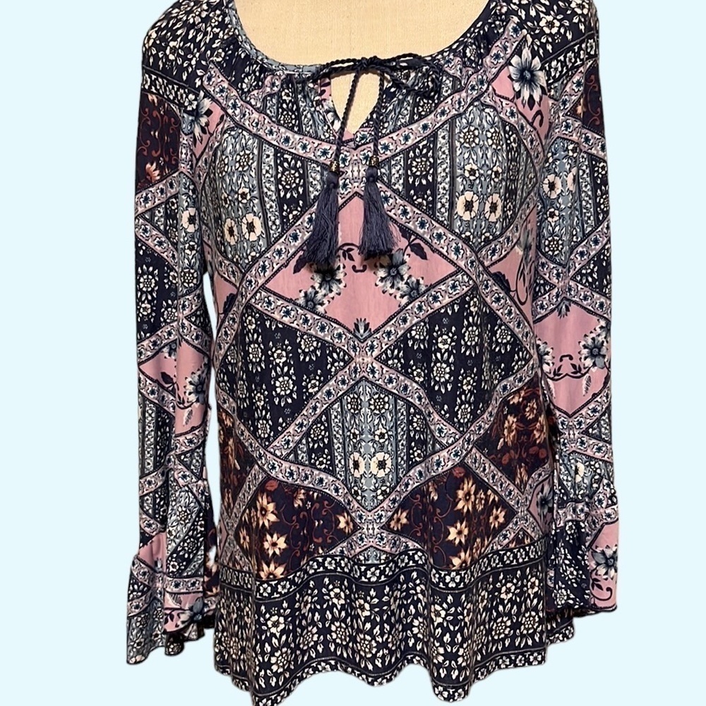Style & Co peasant style blouse, pink/blue. Sz PM